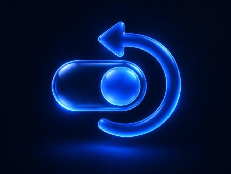 Interruptor de cristal azul junto a una flecha curva de deshacer, para ilustrar aprobar y poder deshacer