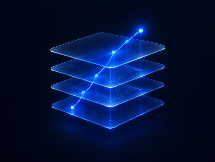 Capas de cristal apiladas con una línea luminosa que sube conectando puntos, para ilustrar la medición